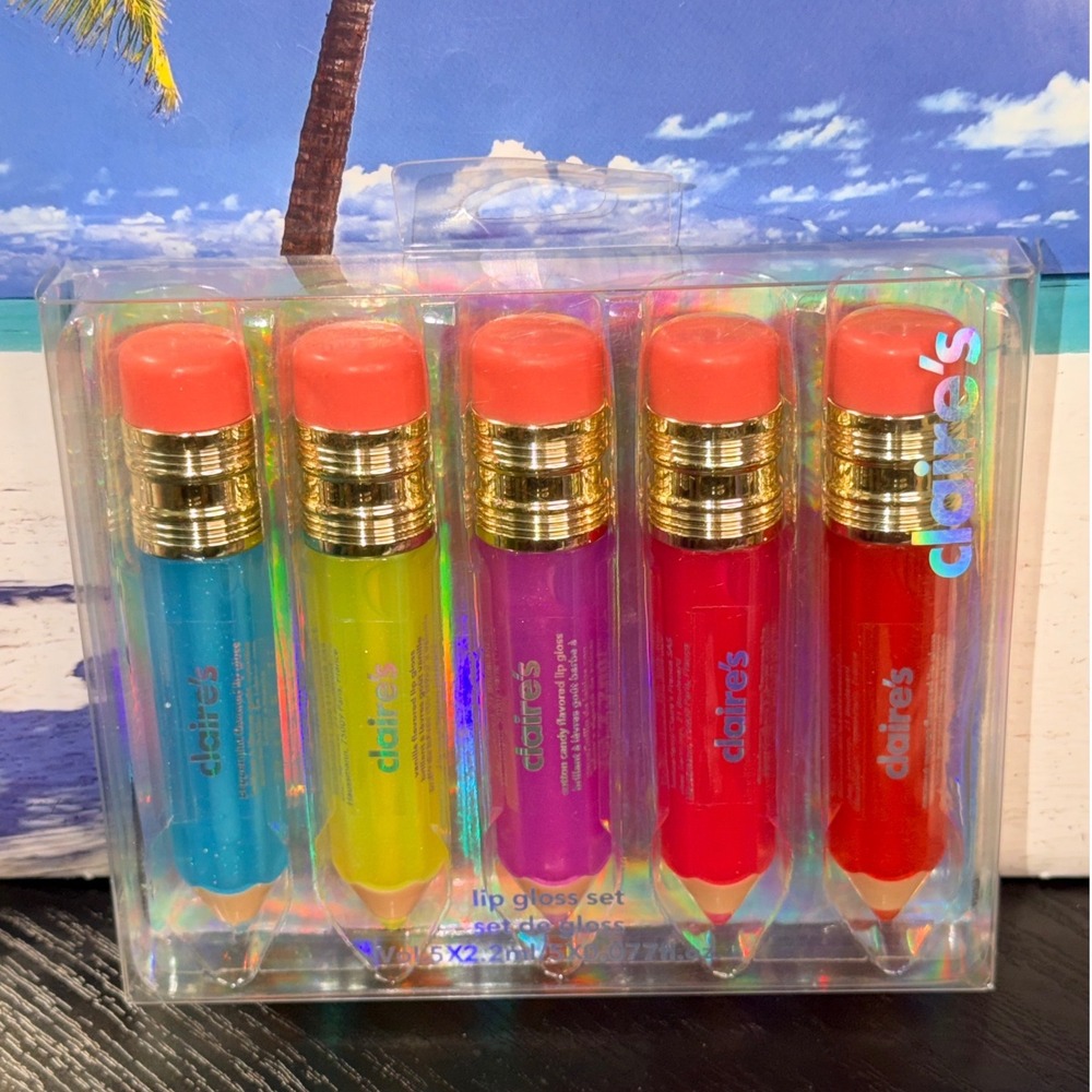 Claires Pencil Lip Gloss Set 5 Piece Flavored High Shine Kids Makeup New NIB